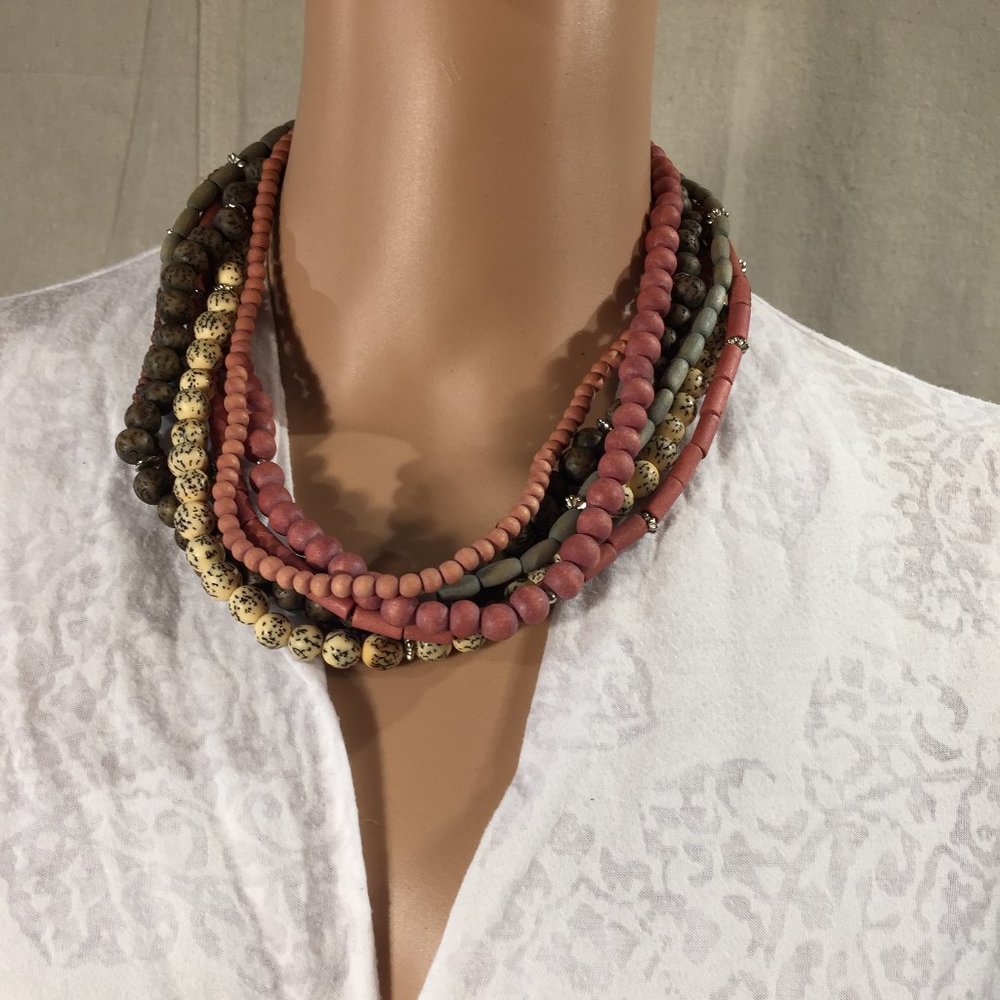Multi Strand Wooden Bead Statement Necklace/Choker